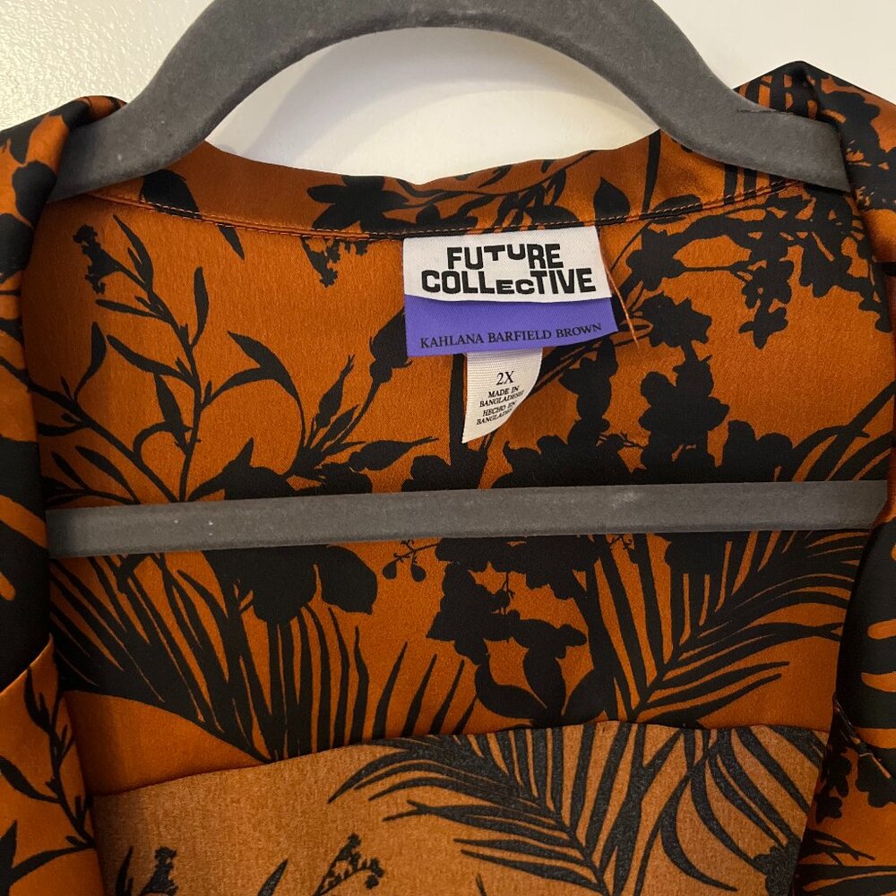 burnt orange and black satin shirt